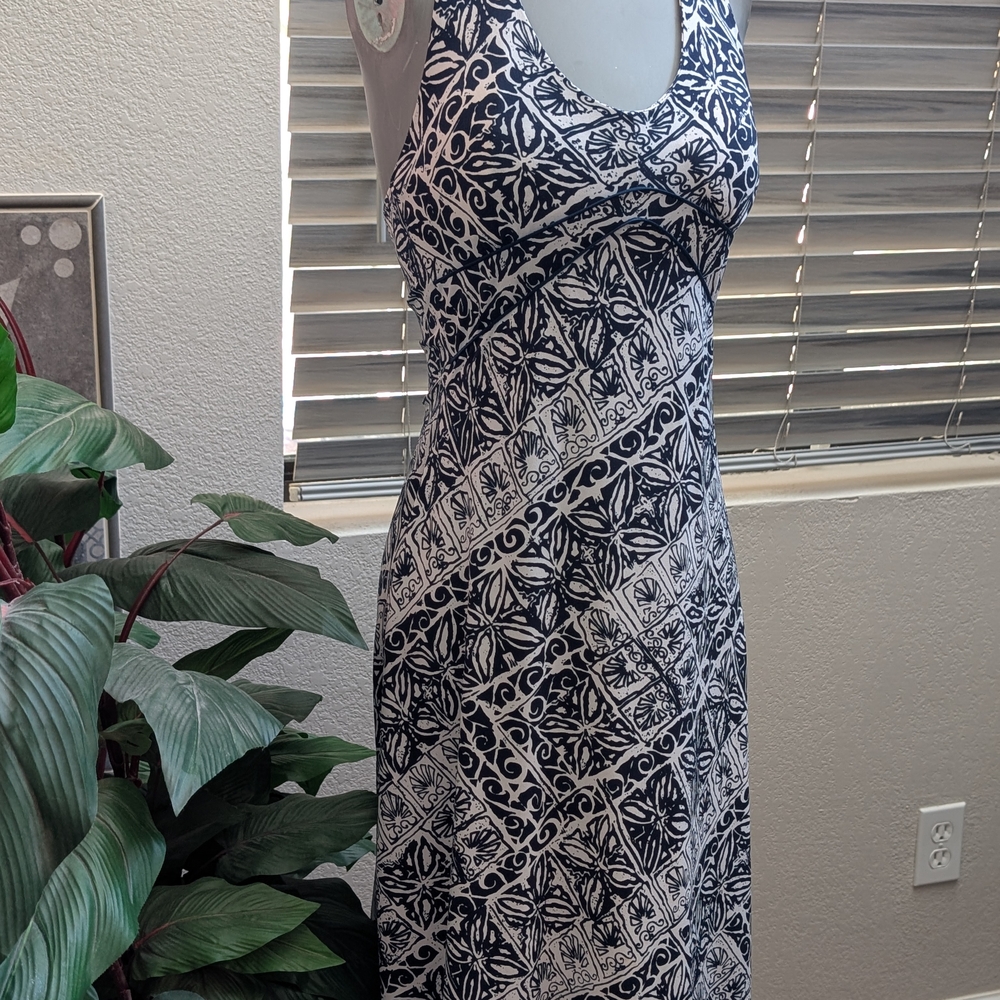 Blue and White Sleeveless Halter Maxi Dress